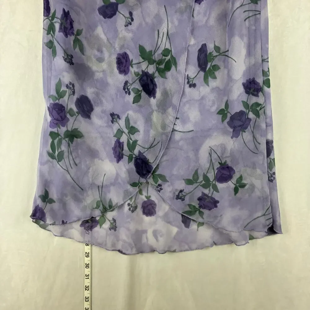 Vintage 2 Piece Cowl Flutter Blouse Midi Skirt Womens Large Purple Rose Romantic